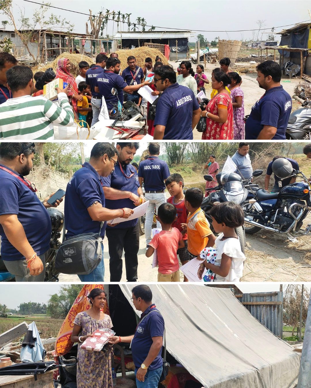 Volunteers distributing emergency relief in an affected village